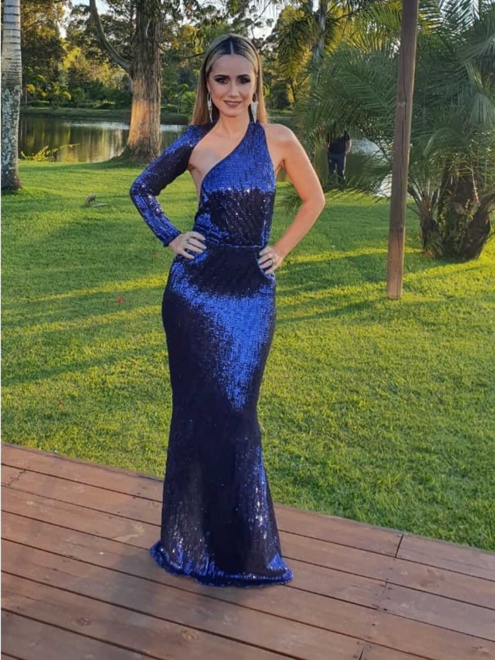 Abyss By Abby One-Shoulder Navy Blue Sequin Evening Gown